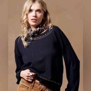 Minnie Rose Cotton Cashmere Frayed Bell Sleeve Studded Crew